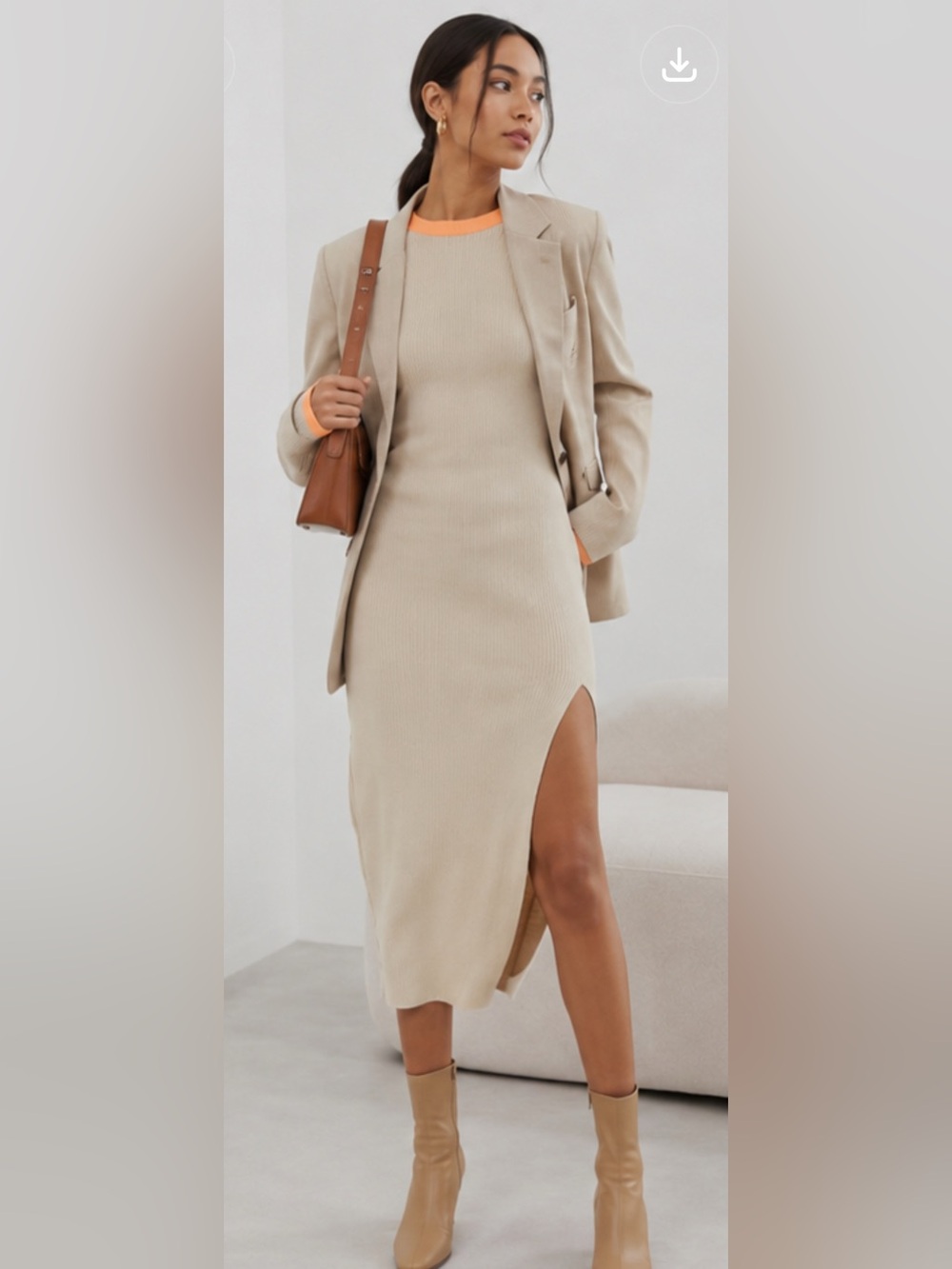 Asos rubbed knit midi dress size 0 beige with orange contrast